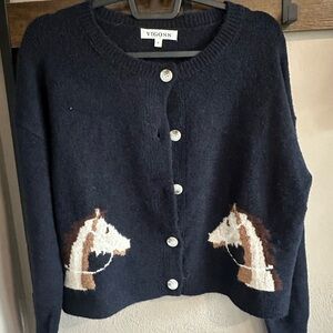 Vigoss Navy Button-Front Cardigan with Horse Intarsia